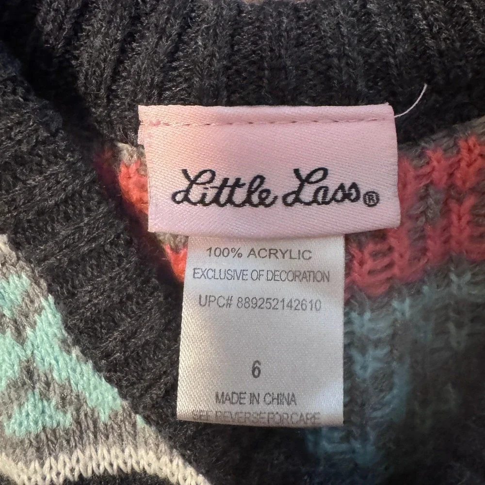 Little Lass Girls Fair Isle Sweater Dress Grey Teal Coral Sequin Belt Size 6